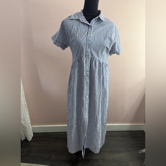 Dresses & Skirts - Blue & White Striped Button Front Shirt Dress Collared Midi Casual